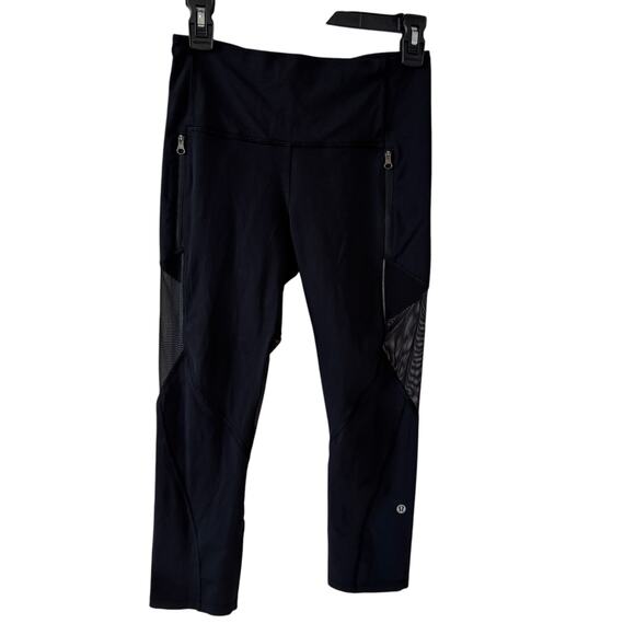 Lululemon Mesh Panel Cropped Leggings Black Zip Pockets Size 6‎ EUC - Picture 1 of 4